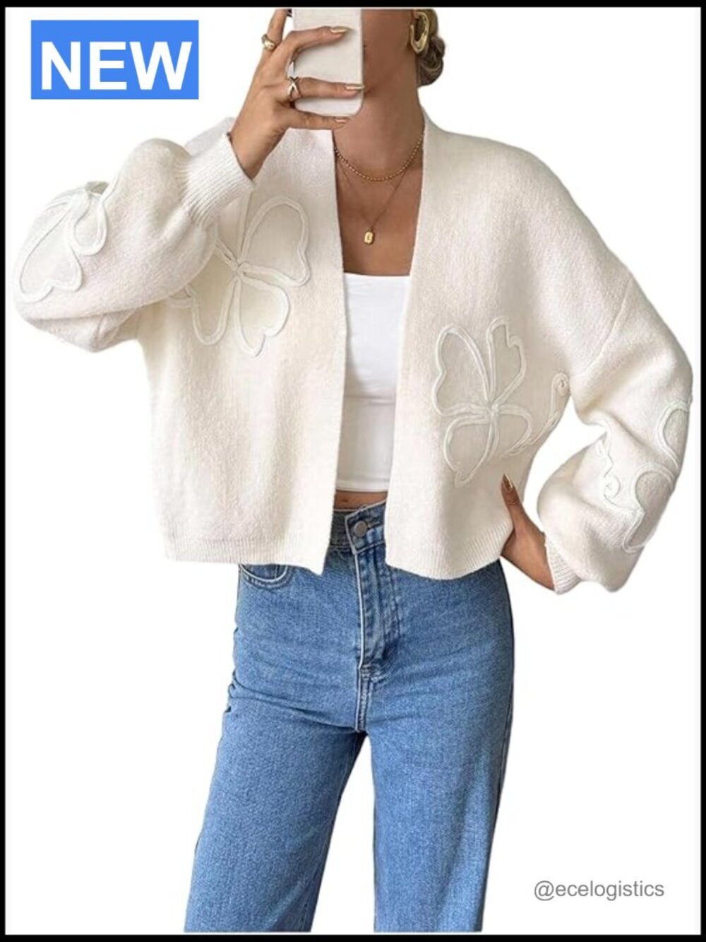 Floral Cropped Cardigan Sweater Open Front Long Sleeve Knit Casual
